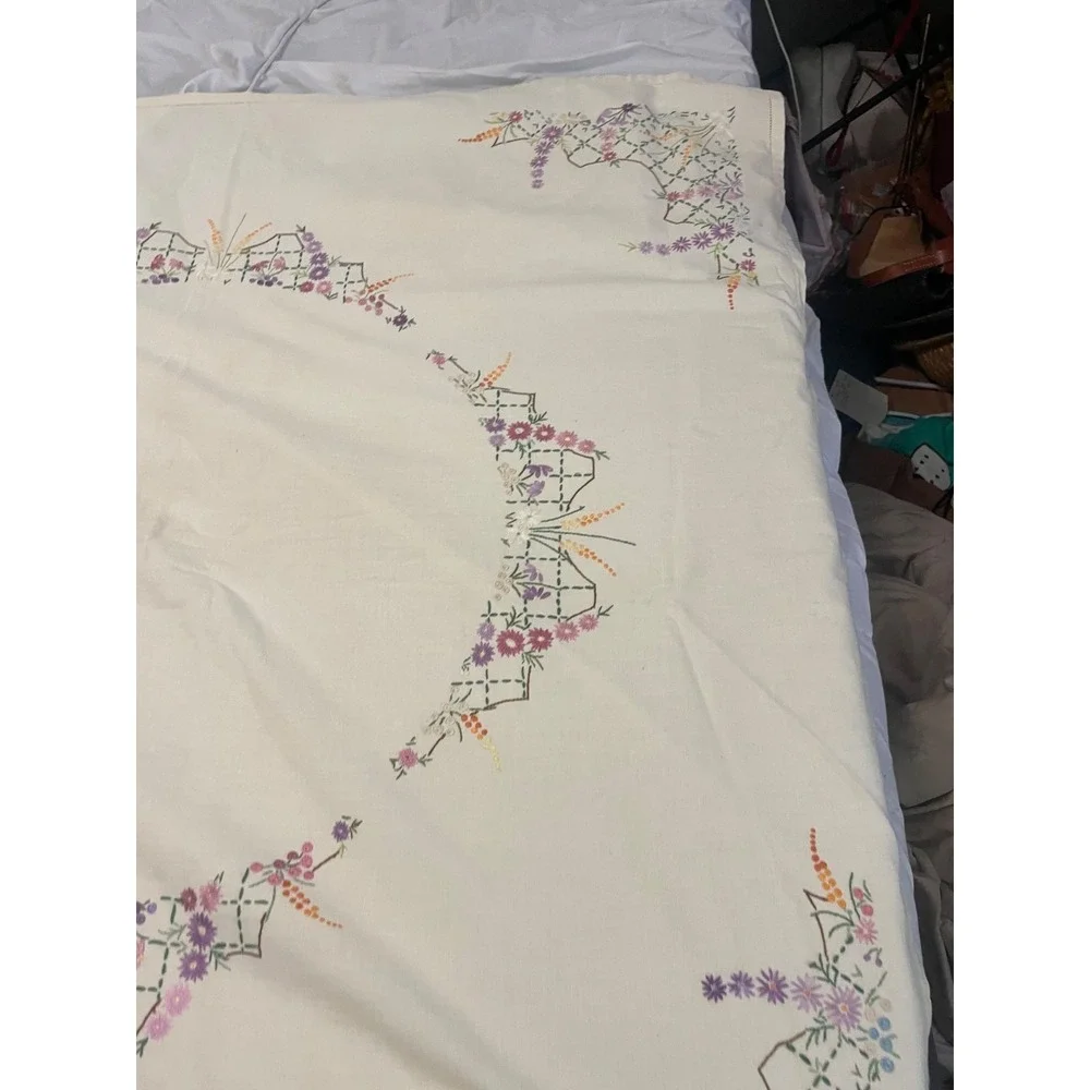Cross stiched Antique Tablecloth Embroidery Ivory Beige